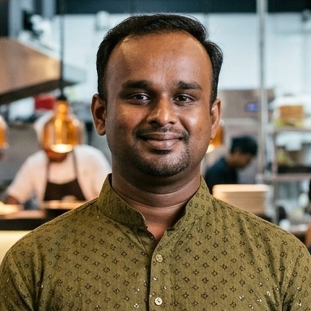 Anandu Asok, co-founder of AutoDrive, in a restaurant kitchen